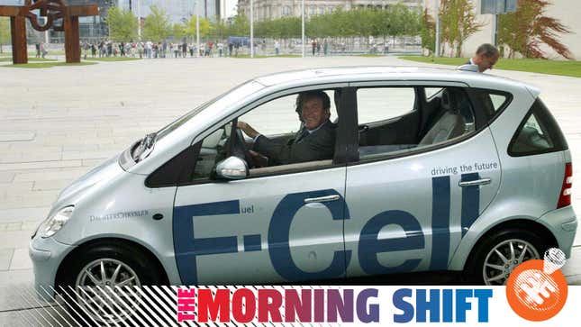 Then-Chancellor of Germany Gerhard Schröder at the wheel of a hydrogen Mercedes back in 2004.