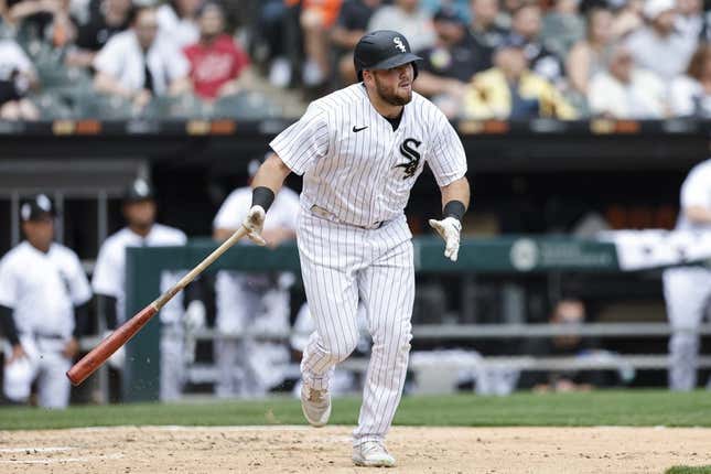 Apr 15, 2023; Chicago, Illinois, USA; Chicago White Sox first baseman Jake Burger (30) watches his sacrifice fly against the Baltimore Orioles during the fourth inning at Guaranteed Rate Field.