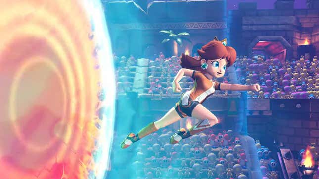Daisy jumps out of a portal in Mario Strikers: Battle League.