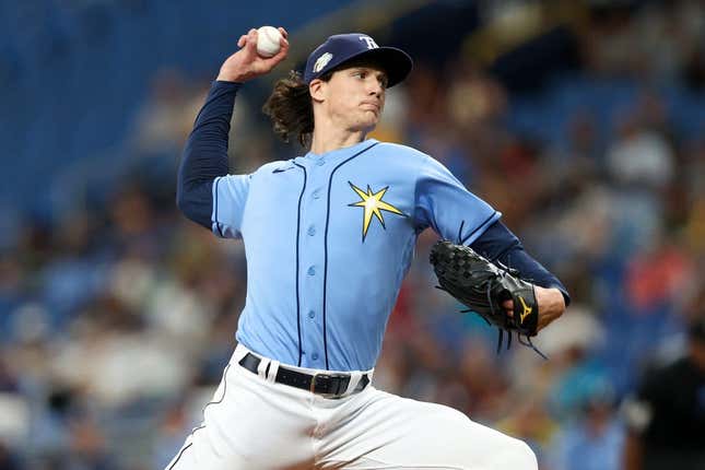 Jun 25, 2023; St. Petersburg, Florida, USA;  Tampa Bay Rays starting pitcher Tyler Glasnow (20) throws a pitch  against the Kansas City Royals in the first inning at Tropicana Field.