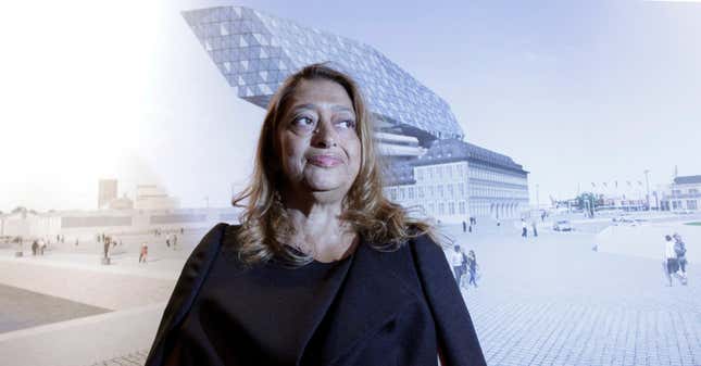 Zaha Hadid stands in front of her design of the new Port Authority headquarters in Antwerp, Belgium.