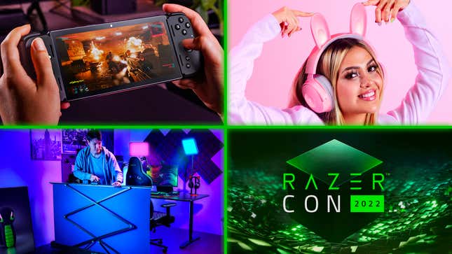 A collage featuring the new Razer Edge, Razer Kraken Kitty V2 Pro, Razer Blue Screen, and the RazerCon 2022 logo.