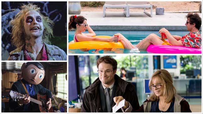 Clockwise from bottom left: Beetlejuice (Warner Bros.), Palm Springs (Hulu), The Guilt Trip (Paramount), Frank (Magnolia) 