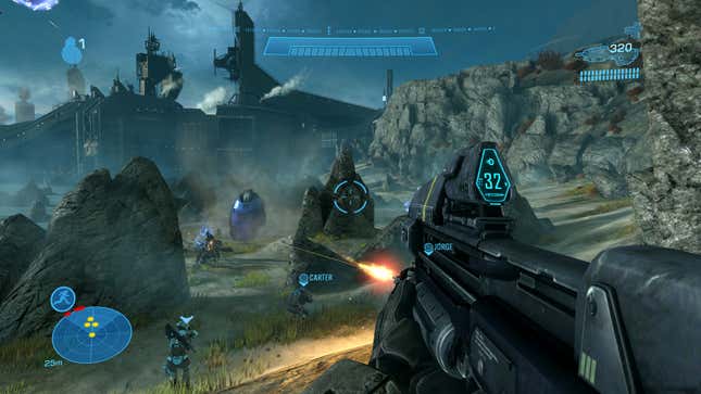 A first-person perspective of Halo Reach shows the player advancing forward on a beach.