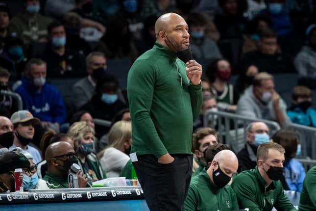 Darvin Ham looks on during the first half of an NBA basketball game against the Charlotte Hornets, Saturday, Jan. 8, 2022, in Charlotte, N.C. The former Milwaukee Bucks assistant will be head coach of the Lakers.