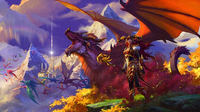 Alexstrasza is seen standing next to a red dragon while a flock of dragons fly in the background toward a castle.