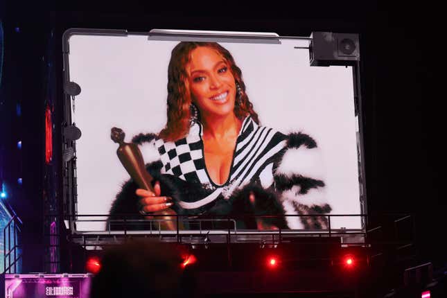 Beyonce speaks on stage via video message as they receive the award for International Song of the Year during The BRIT Awards 2023 at The O2 Arena on February 11, 2023 in London, England. 