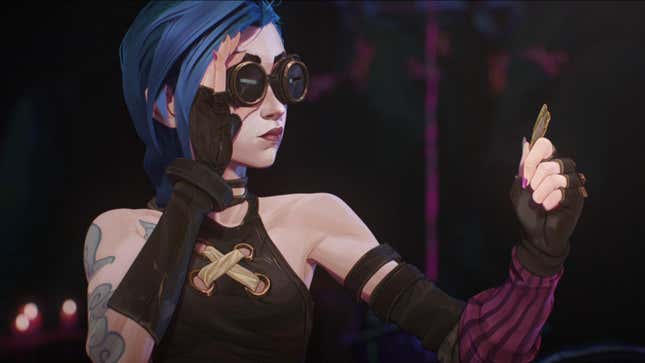Jinx stares at a piece of splintered wood in Arcane, the League of Legends show.