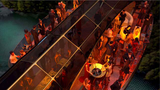 A render of people partying on the G Train with its folded down sides.