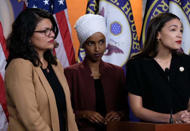 Rashida Tlaib (D-MI), Ilhan Omar (D-MN) and Alexandria Ocasio-Cortez (D-NY) at a news conference at the U.S. Capitol on July 15, 2019 in Washington, DC.
