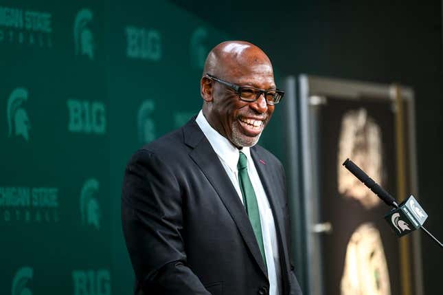 Michigan State football&#39;s acting head coach Harlon Barnett smiles during his first press conference since taking over for suspended coach Mel Tucker on Tuesday, Sept. 12, 2023, at Spartan Stadium in East Lansing.