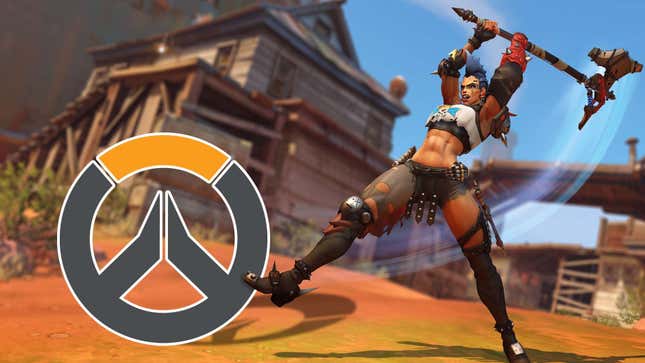 An Overwatch 2 image showing the new tank hero Junker Queen preparing to smash the OG Overwatch logo.