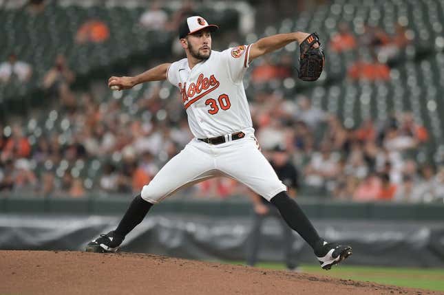 Aug 28, 2023; Baltimore, Maryland, USA;  Baltimore Orioles starting pitcher Grayson Rodriguez (30) throws a second  inning pitch against the Chicago White Sox at Oriole Park at Camden Yards.