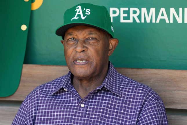 Aug 7, 2022; Oakland, California, USA; Oakland Athletics former pitcher Vida Blue sits in the dugout before the game against the San Francisco Giants at RingCentral Coliseum.