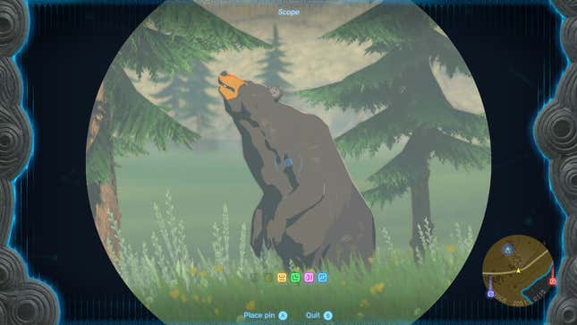 A bear is seen in the woods, viewed through a scope in Tears of the Kingdom.