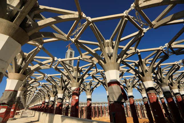 Under construction columns and a 270-metre-high minaret are seen at the site of the new Great Mosque of Algiers, called Djemaa El Djazair, which is being built by the China State Construction Engineering Corporation (CSCEC), and overseen by Algeria's National Agency for Realization and Management (ANERGEMA) in Algiers, Algeria February 7, 2017.