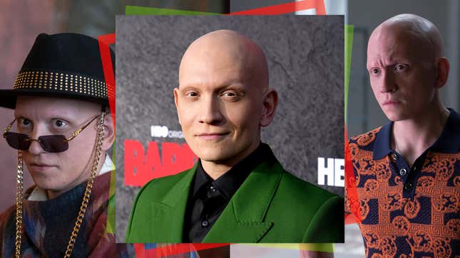Center: Anthony Carrigan attends HBO’s Barry season 4 premiere on April 16, 2023 in Hollywood, California. (Photo: Jeff Kravitz/FilmMagic for HBO); left and right: Carrigan in Barry (Photo: Merrick Morton/HBO)