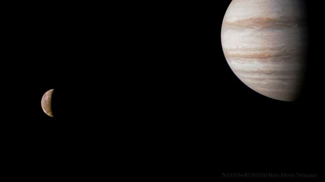 Juno captured Jupiter alongside its moon Io during a flyby on July 31.