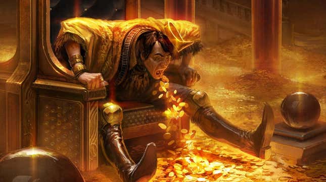 Magic: The Gathering card for "Greed" shows a king coughing up gold. 