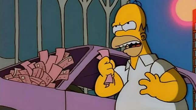 A screenshot of The Simpsons shows Homer angry at tickets on his car. 