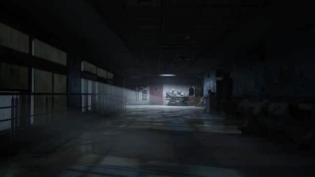 A symbol for the Fireflies is spray-painted in an empty hospital corridor.