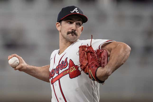 Apr 24, 2023; Cumberland, Georgia, USA; Atlanta Braves starting pitcher Spencer Strider (99) pitches against the Miami Marlins during the seventh inning at Truist Park.