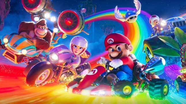 Mario rides a kart in the upcoming Nintendo movie, The Super Mario Bros. movie. 