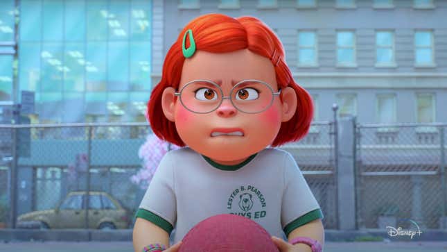 The 13-year-old star of Turning Red, red-headed Mei, in her school gym uniform, angrily clutches a dodgeball.