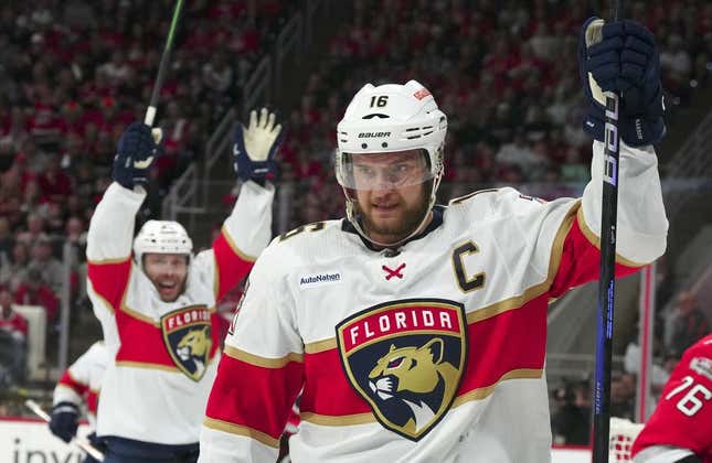 May 20, 2023; Raleigh, North Carolina, USA; Florida Panthers center Aleksander Barkov (16) celebrates his goal against Carolina Hurricanes goaltender Antti Raanta (32) in the second period of game two of the Eastern Conference Finals of the 2023 Stanley Cup Playoffs at PNC Arena.