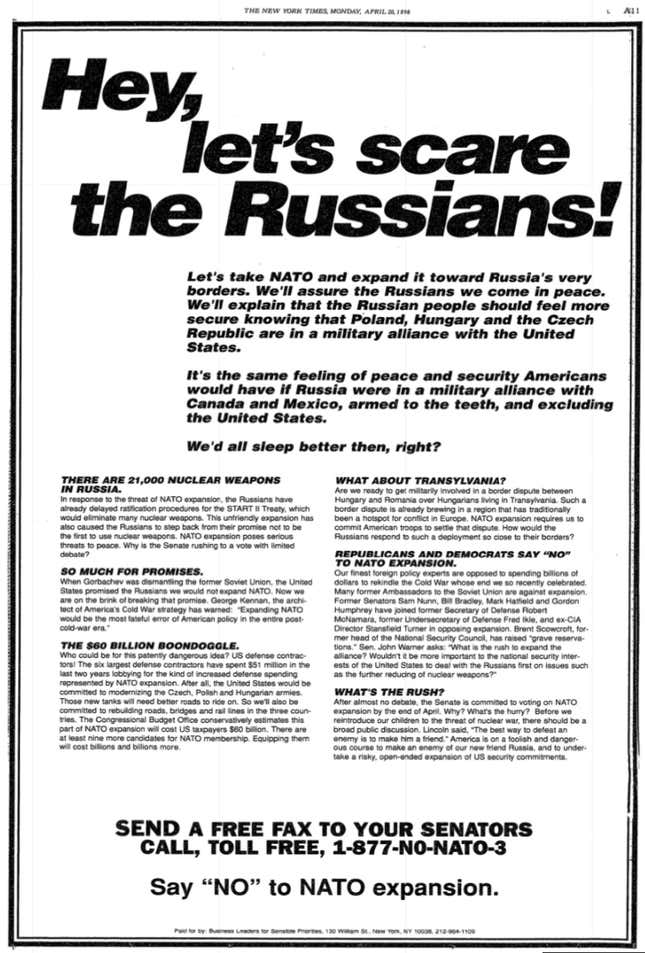 An April 1988 advertisement from the Business Leaders for Sensible Priorities, a nonprofit founded by Ben Cohen