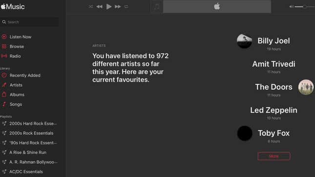 Image for article titled Apple Music Can Give You Spotify Wrapped-Style Stats, Sort of