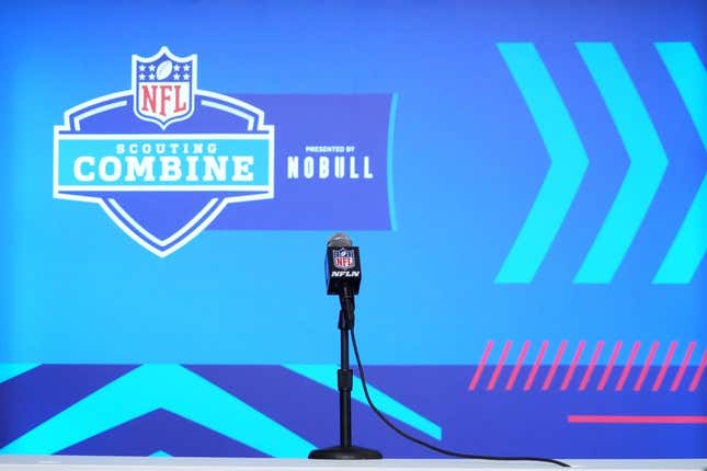 Mar 1, 2023; Indianapolis, IN, USA; An empty podium for Georgia Bulldogs defensive lineman Jalen Carter (not pictured) during the NFL Scouting Combine at the Indiana Convention Center.
