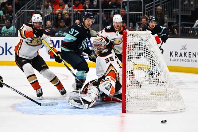 Mar 7, 2023; Seattle, Washington, USA; Anaheim Ducks goaltender John Gibson (36) defends the goal against the Seattle Kraken during the second period at Climate Pledge Arena.