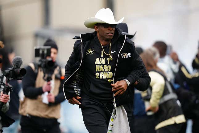 Apr 22, 2023; Boulder, CO, USA; Colorado Buffaloes head coach Deion Sanders hits the field before the start of the spring game at Folsom Filed.