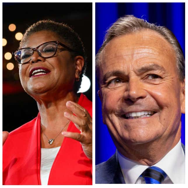 Side by side of Karen Bass and Rick Caruso