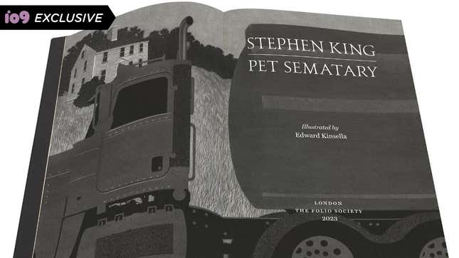 Edward Kinsella's illustration for the title page of Stephen King's Pet Sematary, depicting a truck in front of a farmhouse.