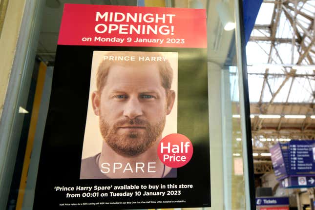 A poster advertises the midnight opening of a store to sell the new book by Prince Harry called ‘Spare’ in London, Monday, Jan. 9, 2023.