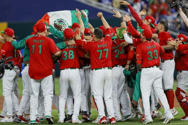 Mar 17, 2023; Miami, Florida, USA; Mexico players celebrate after winning the game against Puerto Rico at LoanDepot Park.