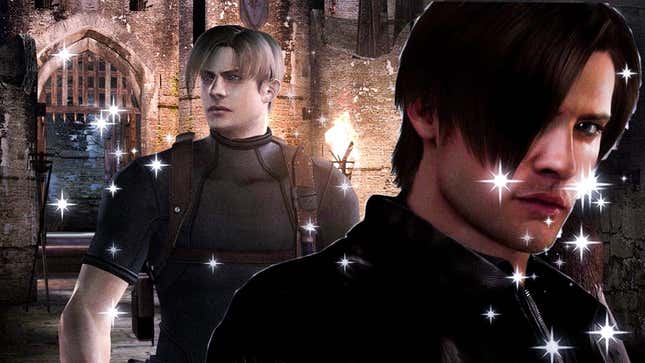 Leon with blond hair and Leon with brown hair stand side by side in front of Salazar Castle.
