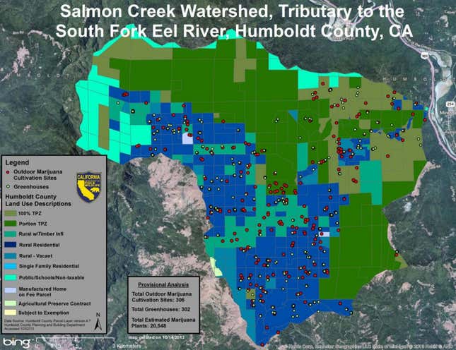 Examples of marijuana cultivation in one Humboldt county watershed. (TPZ stands for “timber preserve zone,” preserves in which the state allows a limited amount of timber harvesting.)