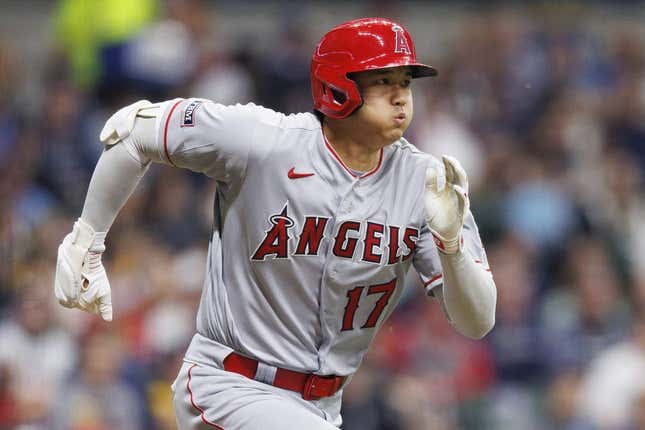Apr 28, 2023; Milwaukee, Wisconsin, USA;  Los Angeles Angels designated hitter Shohei Ohtani (17) runs towards first base during the fourth inning against the Milwaukee Brewers at American Family Field.