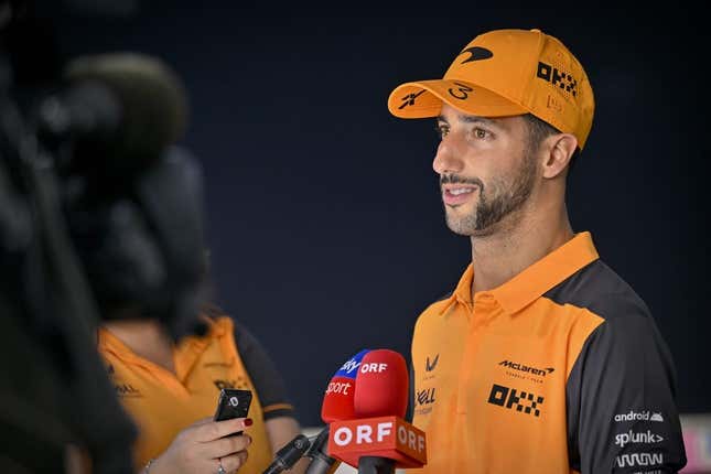 Oct 22, 2022; Austin, Texas, USA; McLaren F1 Team driver Daniel Ricciardo (3) of Team Australia is interviewed after the qualifying session for the U.S. Grand Prix at Circuit of the Americas.