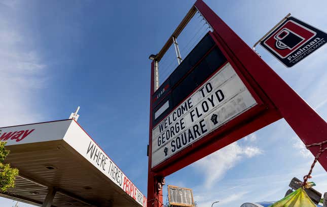 A sign at the Speedway gas station greets visitors at George Floyd Square on June 3, 2021, in Minneapolis. Minneapolis will buy the boarded-up gas station at George Floyd Square, the City Council decided unanimously on Thursday, Dec. 8, 2022. The area has become a protest site since George Floyd, a Black man, was killed there by a white police officer in May 2020, sparking a national reckoning on racial injustice.