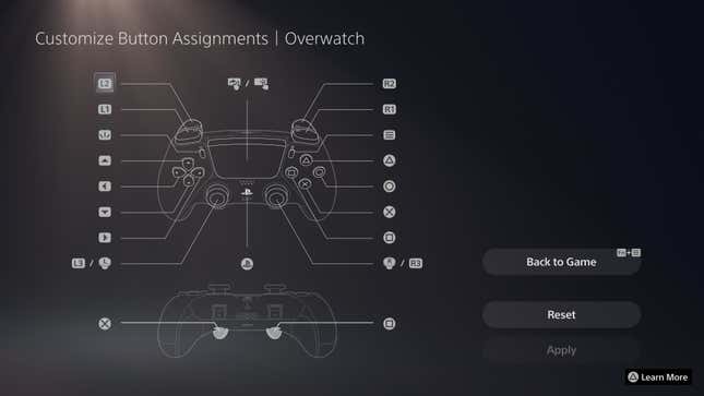 The DualSense Edge's Customize Button Assignments menu is shown, with a diagram of the controller labeling each button with a possible input.