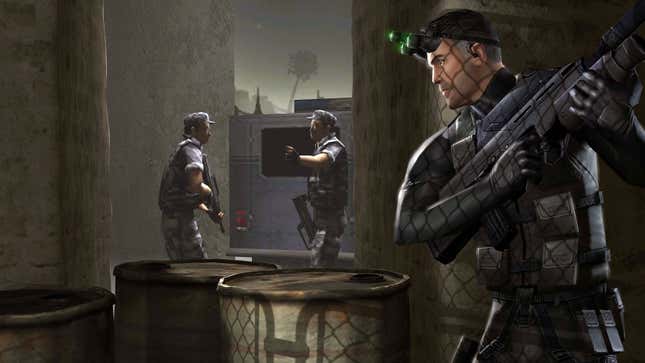 Splinter Cell artwork depicting Sam Fisher peeking behind a wall, listening to two gun-toting soldiers discuss something. 