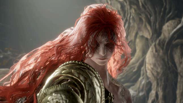 A red-haired woman with blotchy eyes waits for battle.
