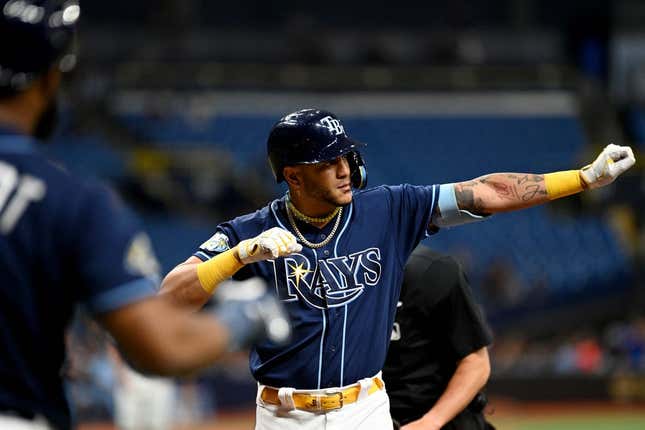 May 24, 2023; St. Petersburg, Florida, USA; Tampa Bay Rays center fielder Jose Siri (22) celebrates after hitting a two run home run in the second inning against the Toronto Blue Jays at Tropicana Field.