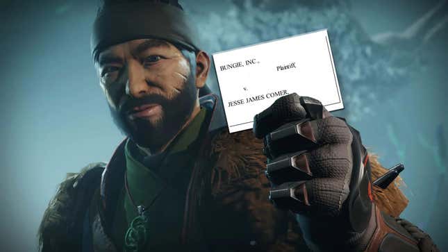 The Drifter (a Destiny 2 character) holding up the court order between Bungie and the Destiny 2 player.
