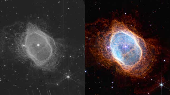 A black-and-white image of a nebula is contrasted with a full-color image, the result of processing work by scientists.