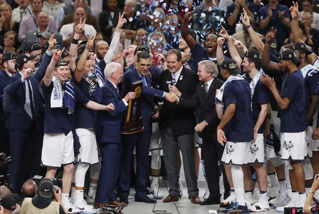 NCAA President Mark Emmert congratulates Jay Wright on Villanova’s 2018 National Championship.